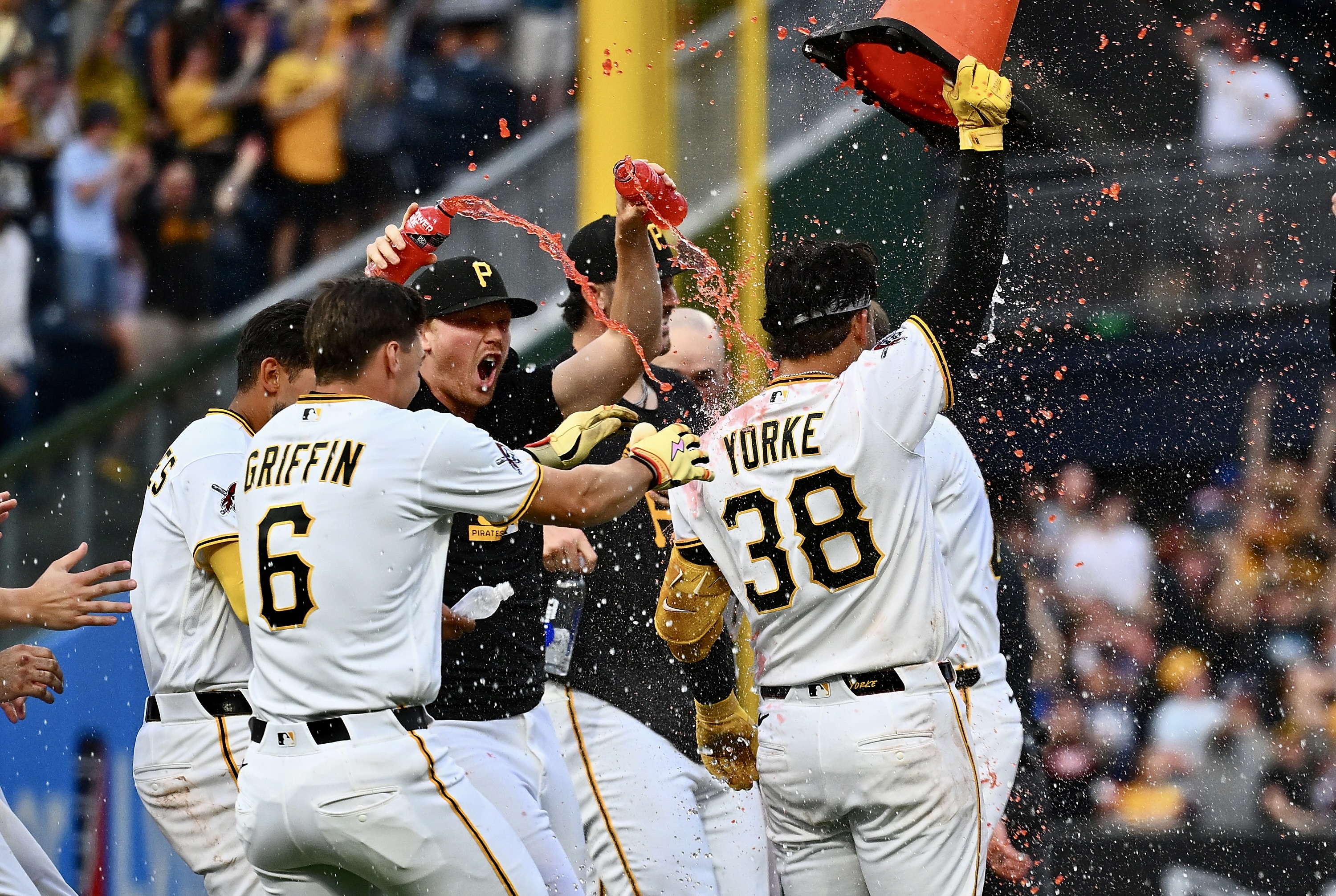 Nick Yorke celebrates his walkoff double in the ninth inning Saturday at PNC Park.