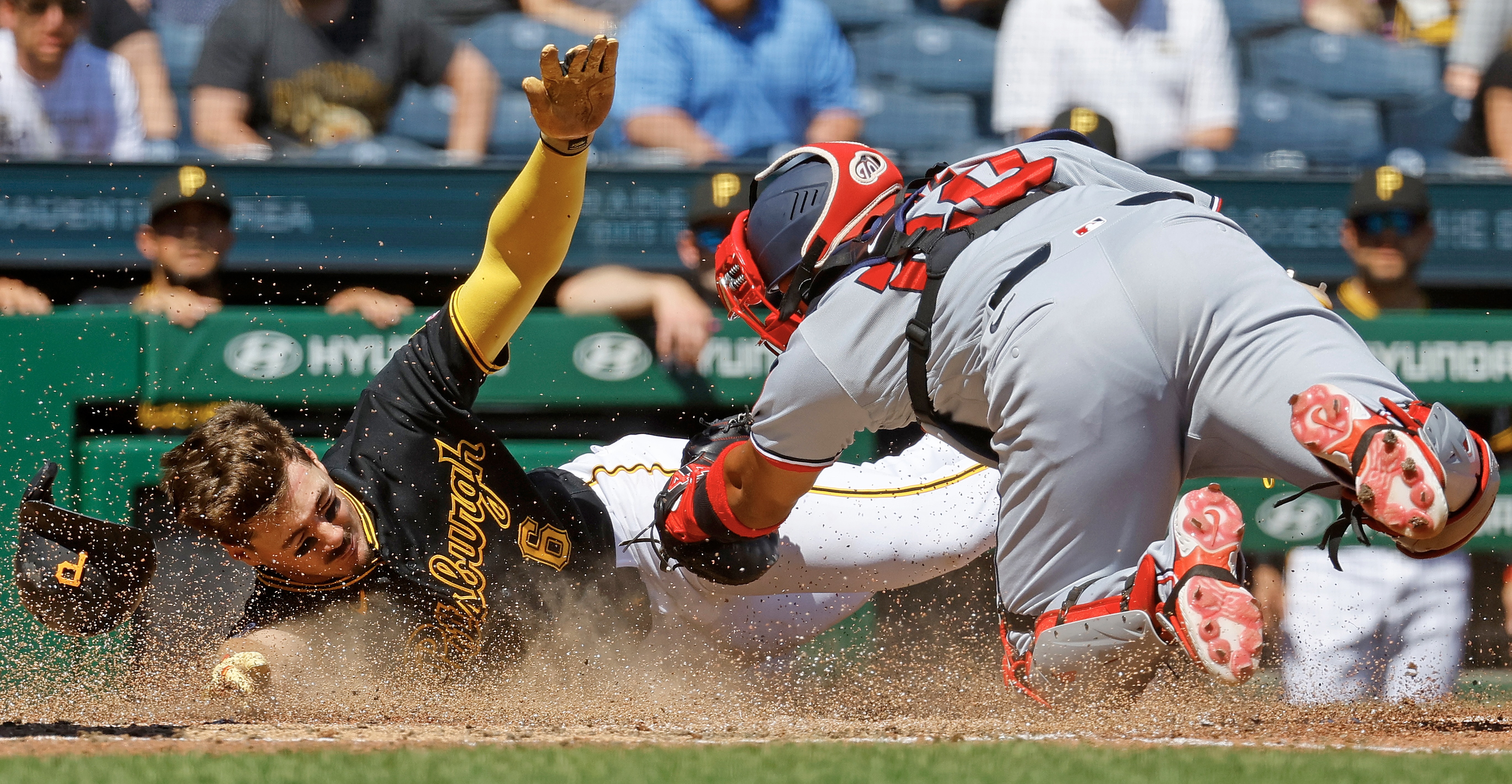 Konnor Griffin's tagged out by the Nationals' Keibert Ruiz in the sixth inning Thursday at PNC Park.
