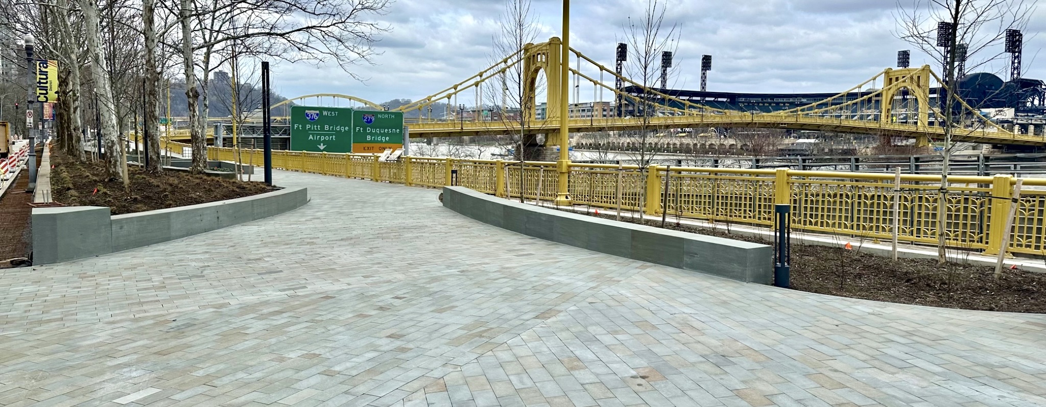 The reconstructed-this-year Fort Duquesne Boulevard park, serving all Three Sisters.