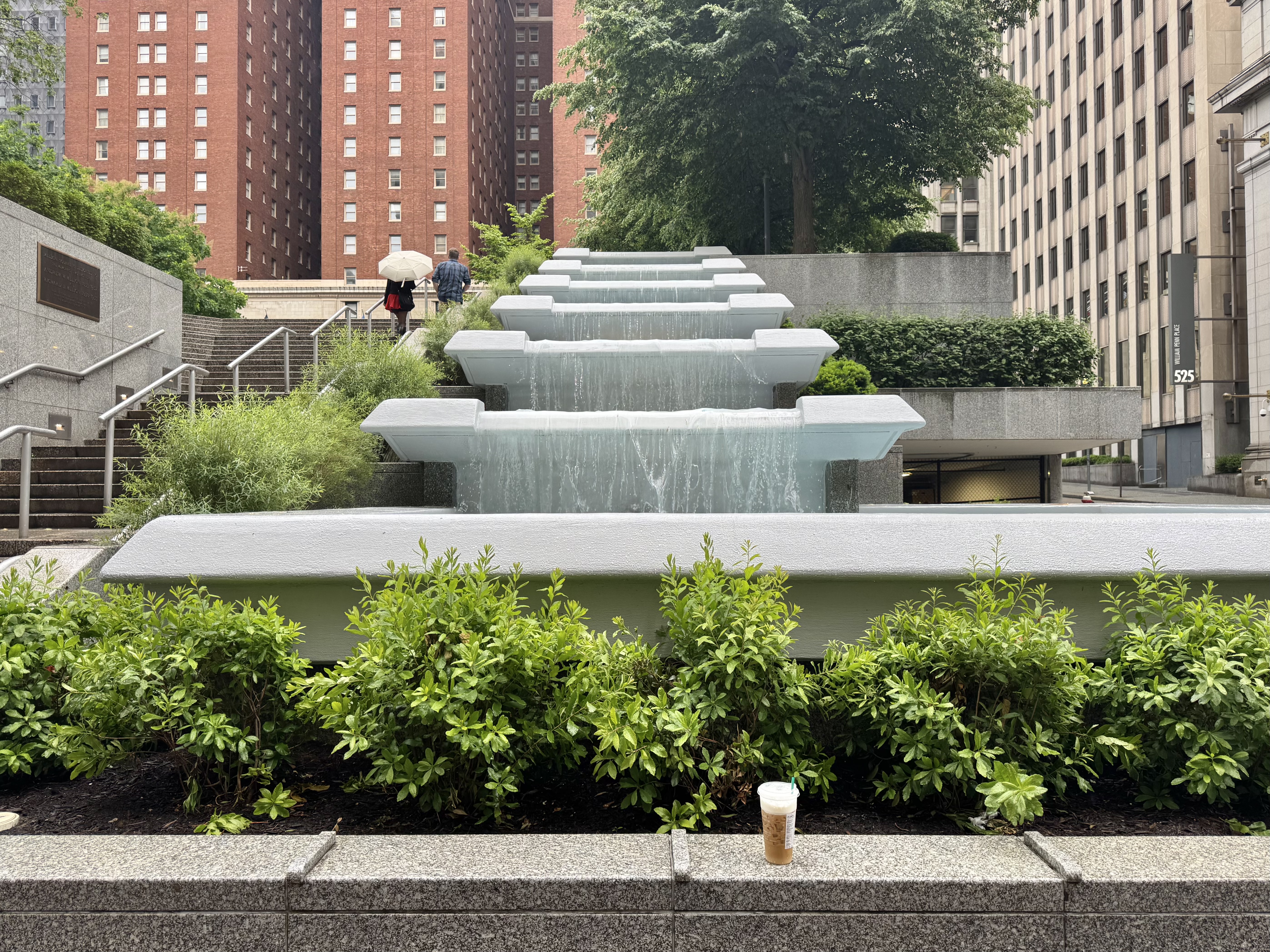 The cascading water streaming down toward Smithfield Street.