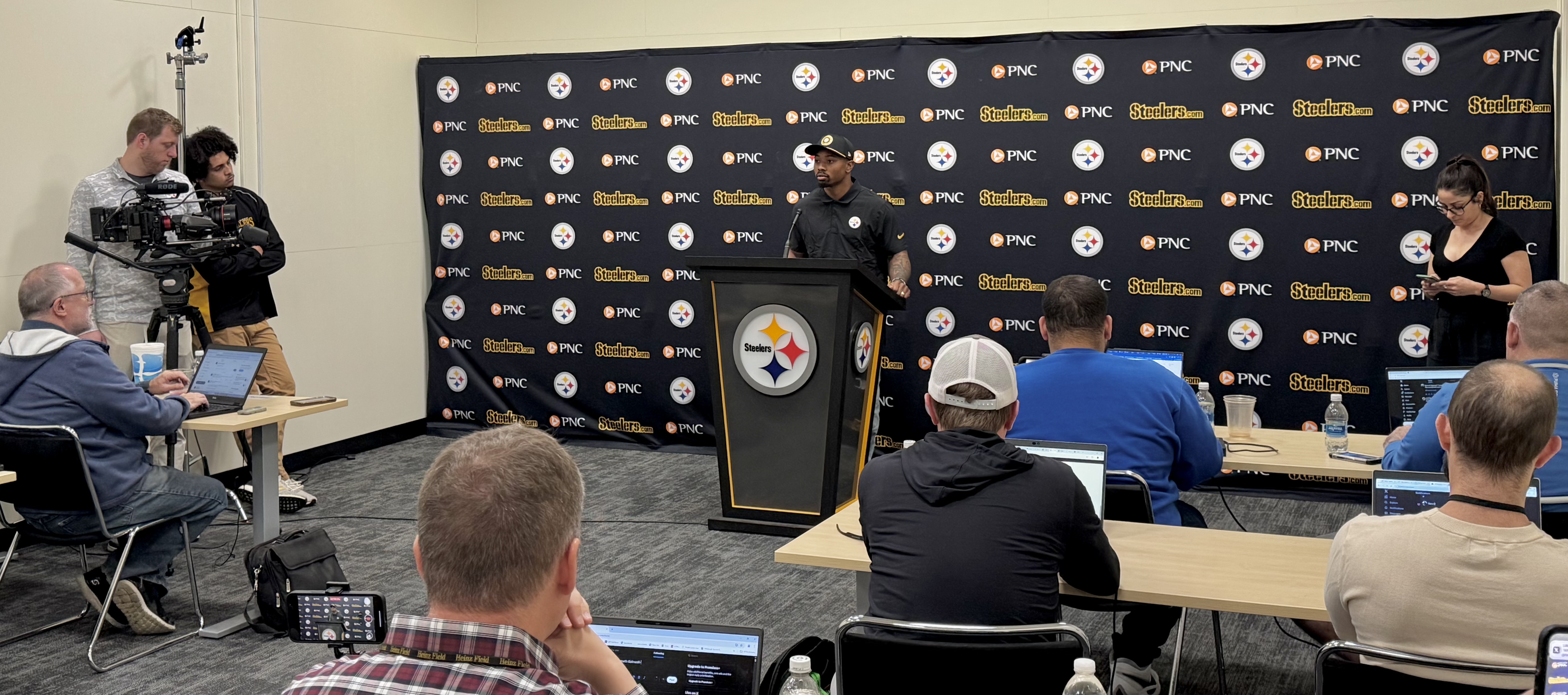 Kenny Gainwell meets with reporters Thursday on the South Side.