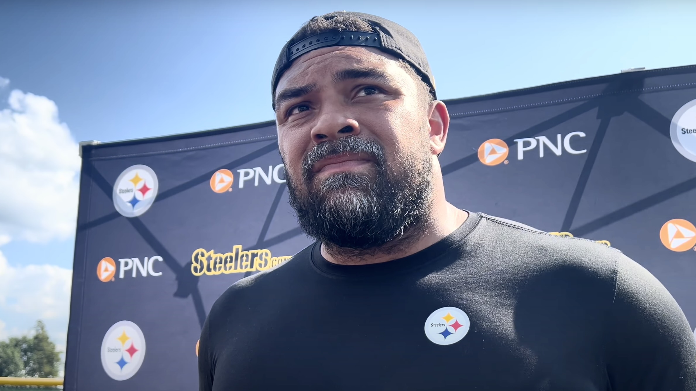 Cam Heyward speaks with reporters Monday in Latrobe, Pa.