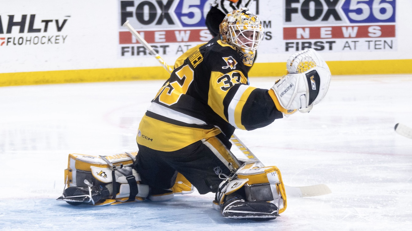 Taylor Gauthier in net in Game 1 of the playoffs on Wednesday in Wilkes-Barre, Pa.