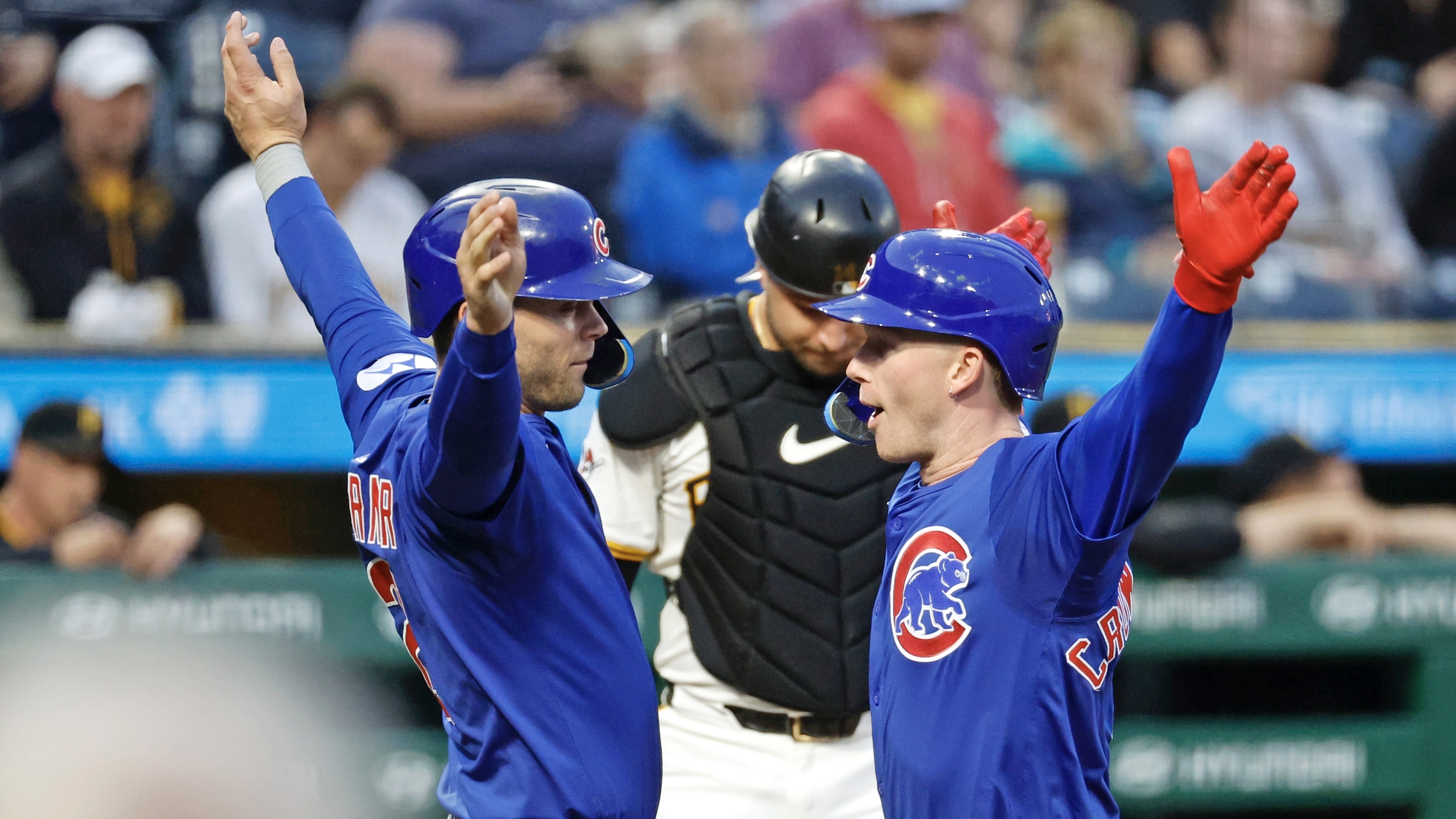 The Cubs' Pete Crow-Armstrong celebrates with Nico Hoerner after the former's two-run home run in the fifth inning Tuesday night at PNC Park.