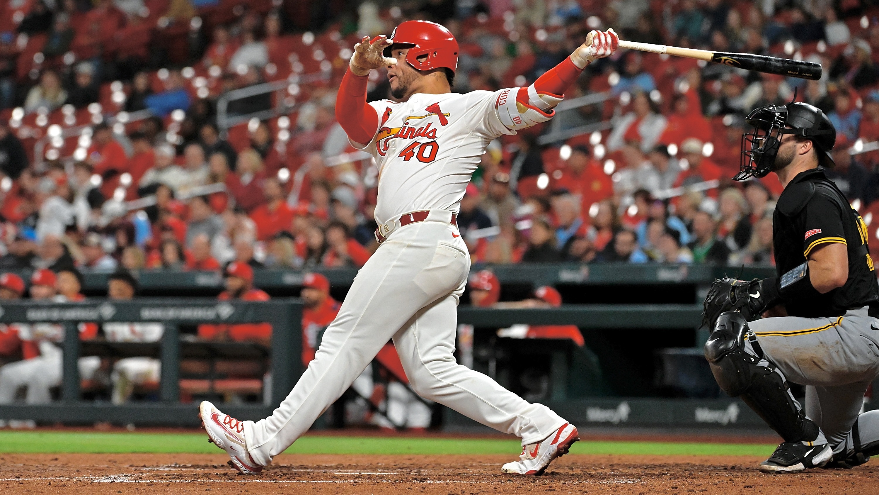 The Cardinals' Willson Contreras hits a two-run home run in the sixth inning Monday night in St Louis.