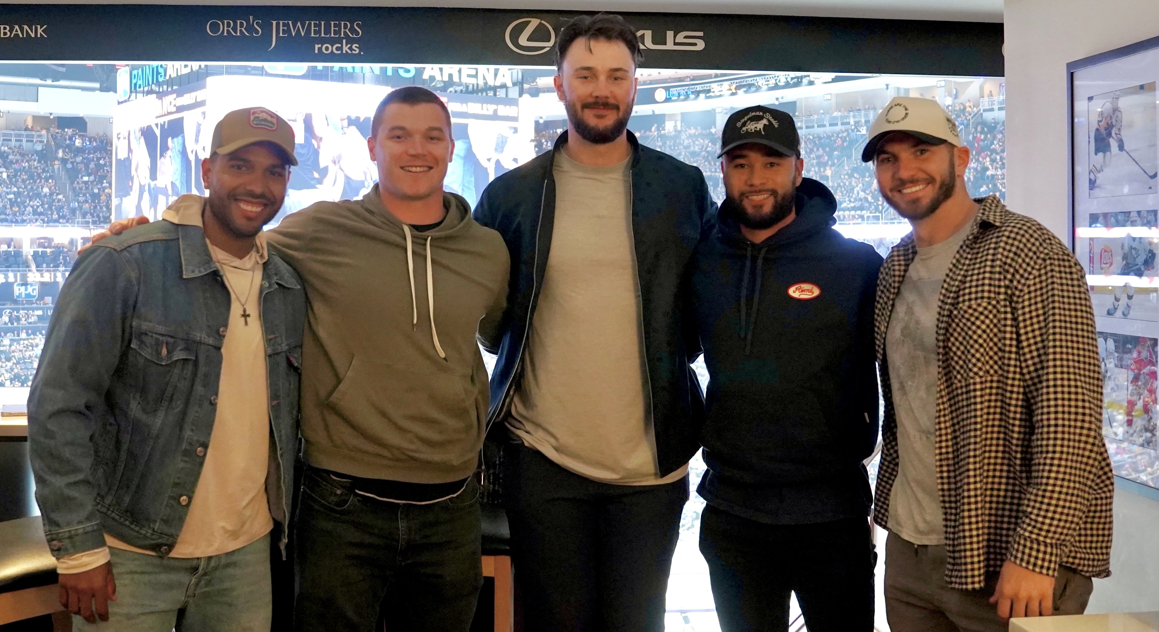 L-R: Bullpen catcher Raúl Hernandez, Henry Davis, Paul Skenes, Isiah Kiner-Falefa, Spencer Horwitz.