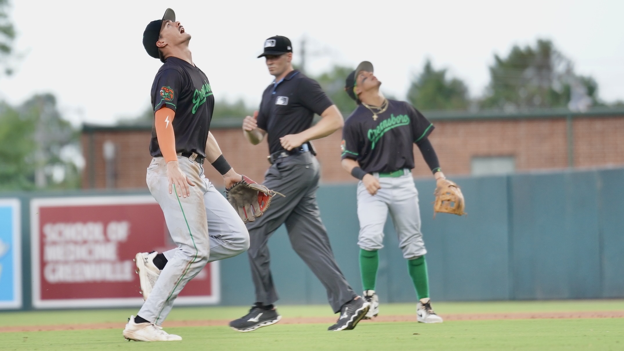 Konnor Griffin calls off teammates to field a pop-out Tuesday night at Fluor Field. 