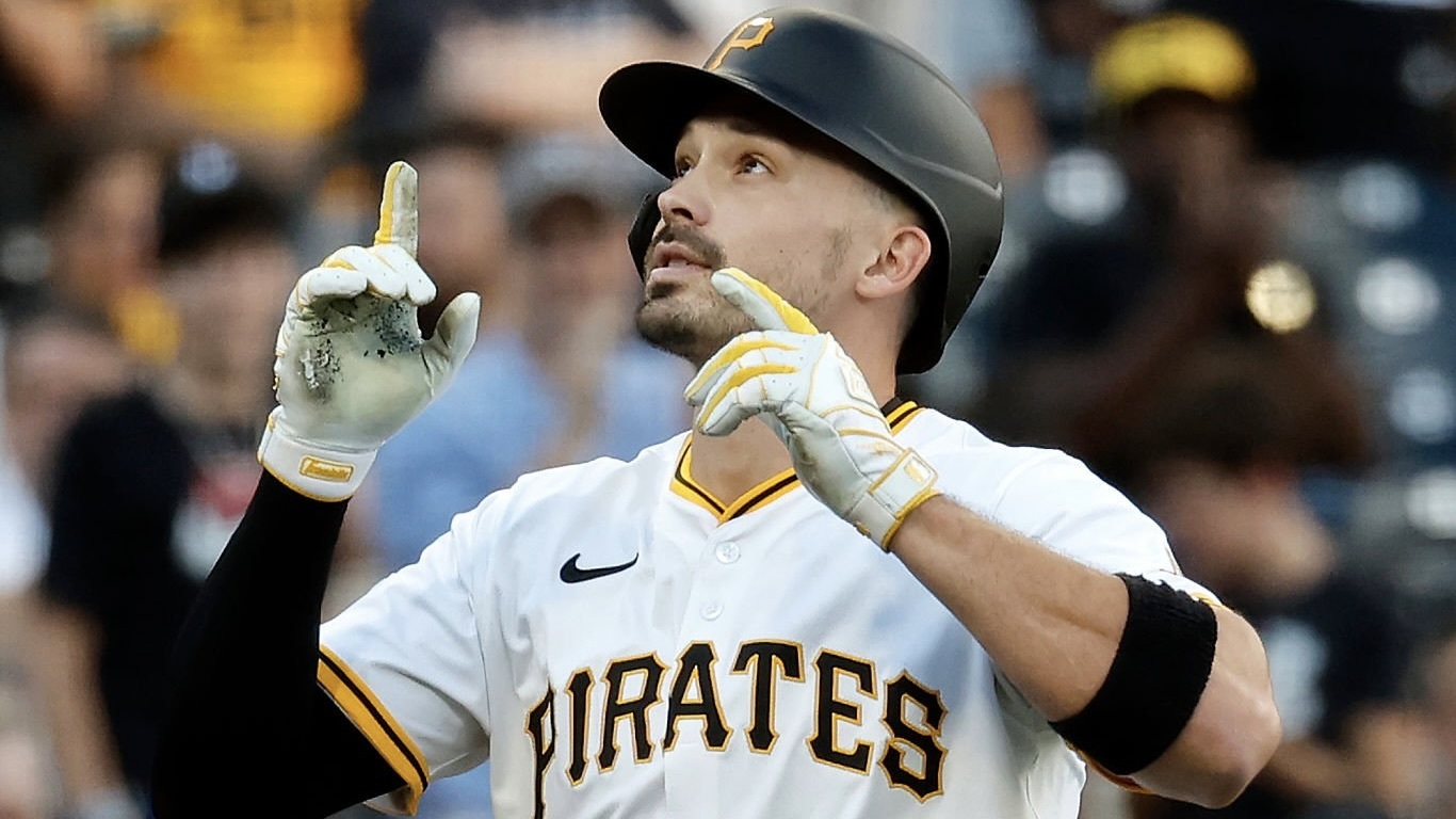 Bryan Reynolds reacts after his home run in the first inning Wednesday at PNC Park.