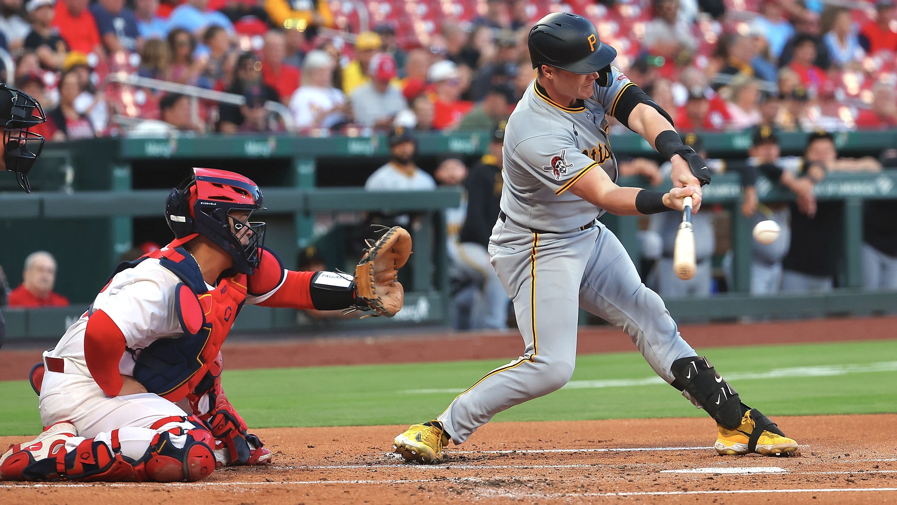 Henry Davis hits a home run in the third inning of Tuesday night's game at Busch Stadium.
