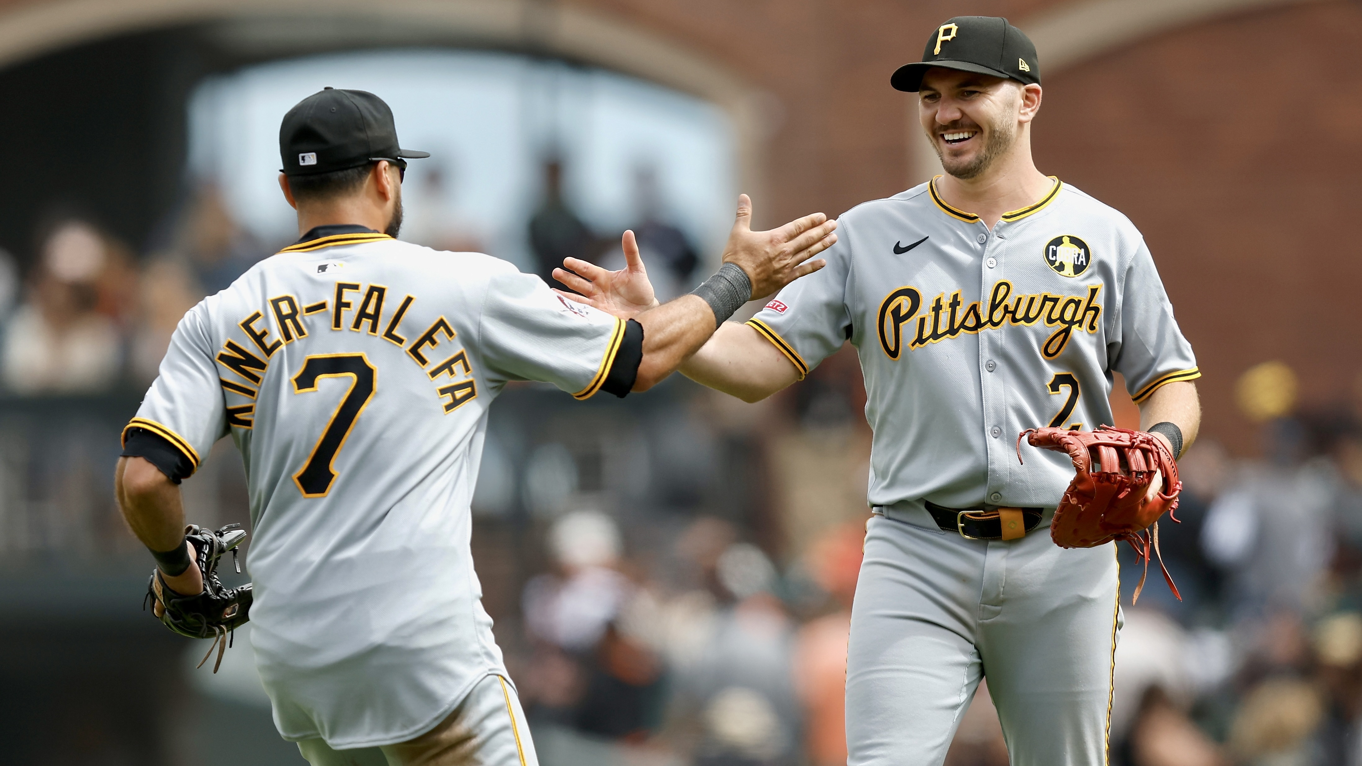 Isiah Kiner-Falefa and Spencer Horwitz celebrate after a win Wednesday in San Francisco.
