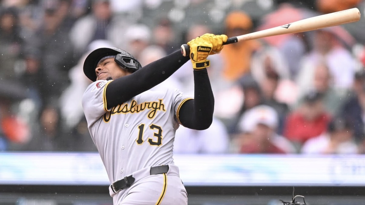 Ke'Bryan Hayes swings through a pitch in Thursday's game at Comerica Park.