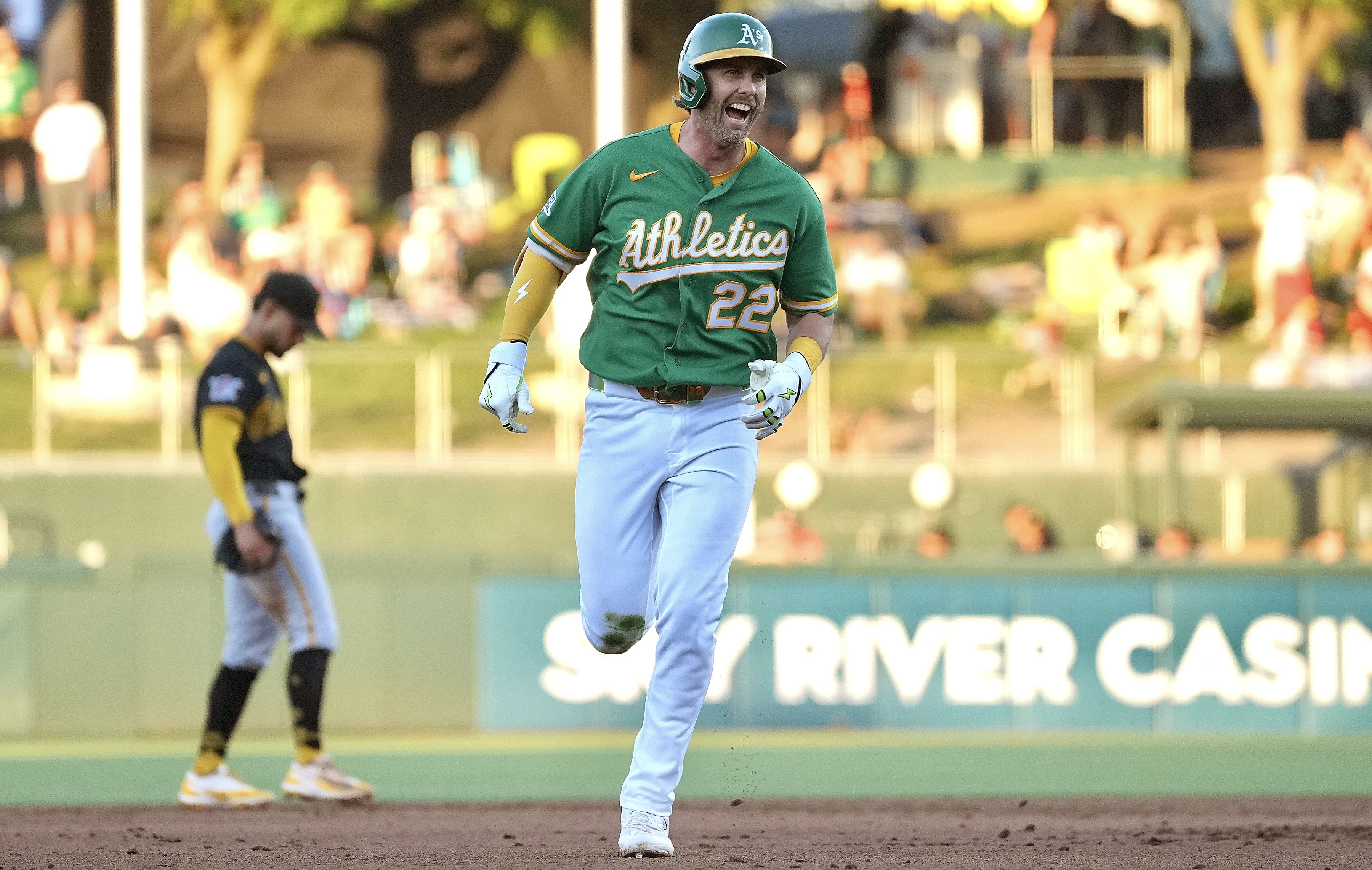The Athletics' Jeff McNeil hits a two-run home run off Jared Jones in the fourth inning Monday night in Sacramento, Calif.