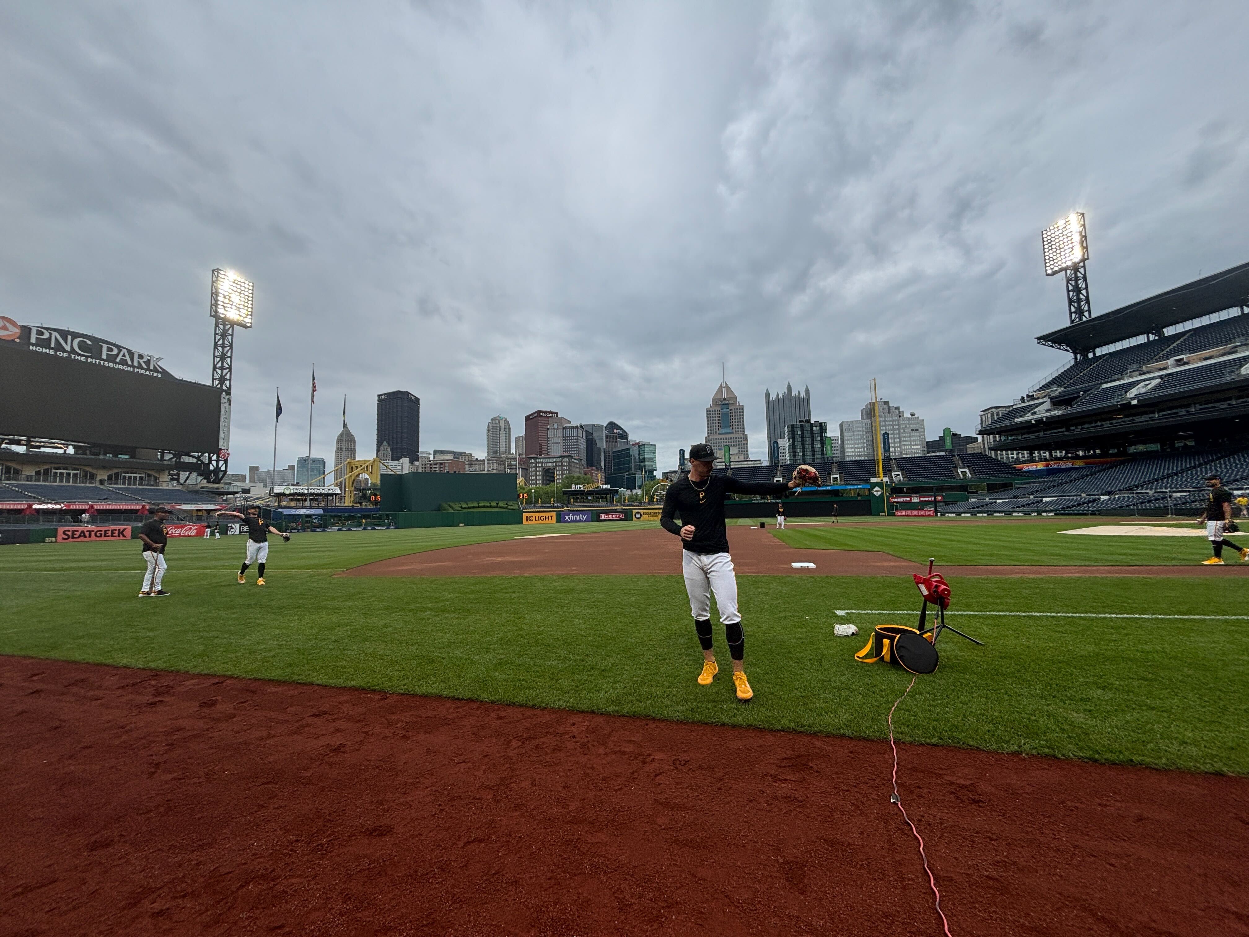 Konnor Griffin warming up with Ryan O'Hearn at PNC Park.