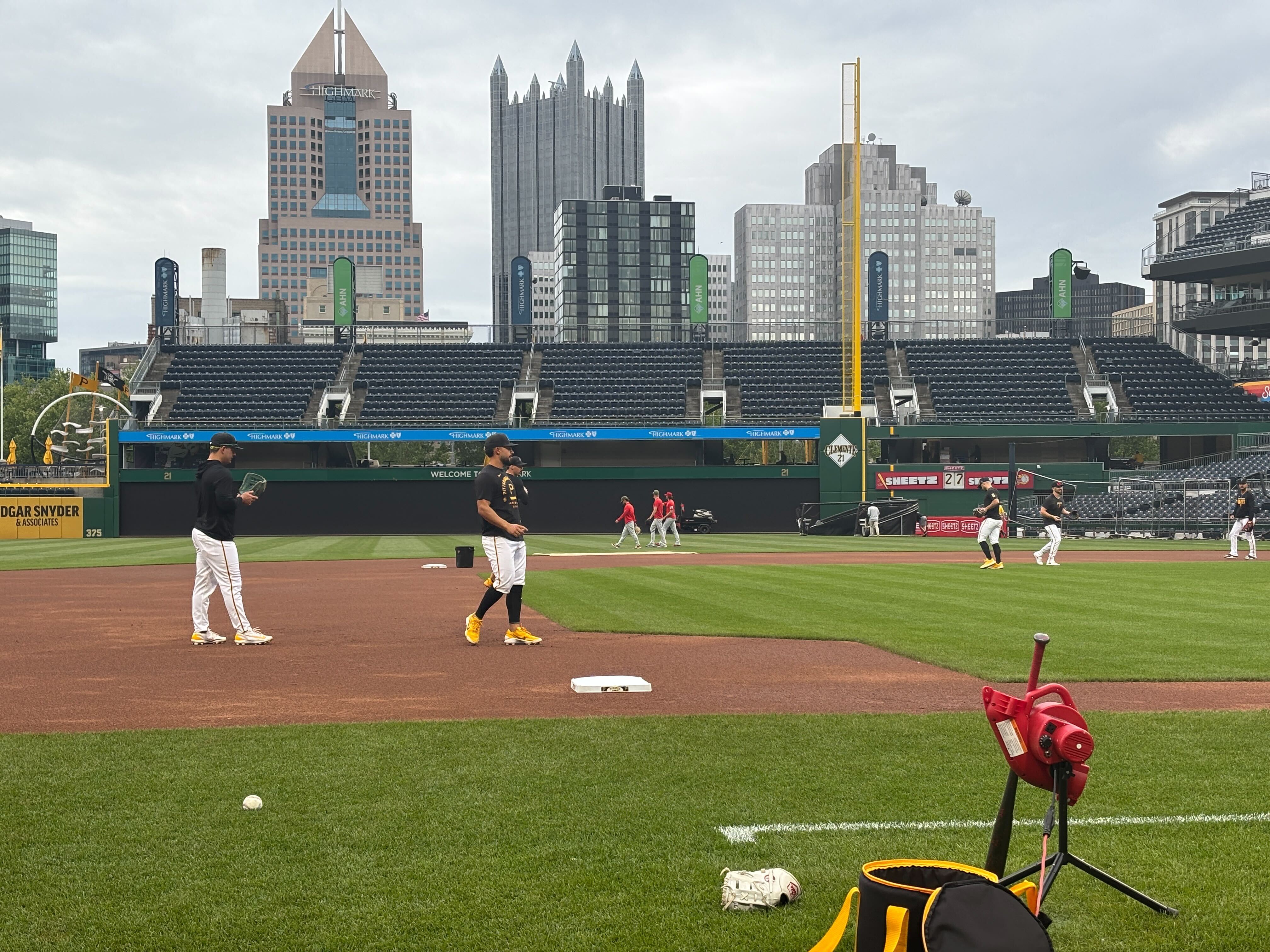 Nick Gonzales and Nick Yorke prepare for infield practice at PNC Park.