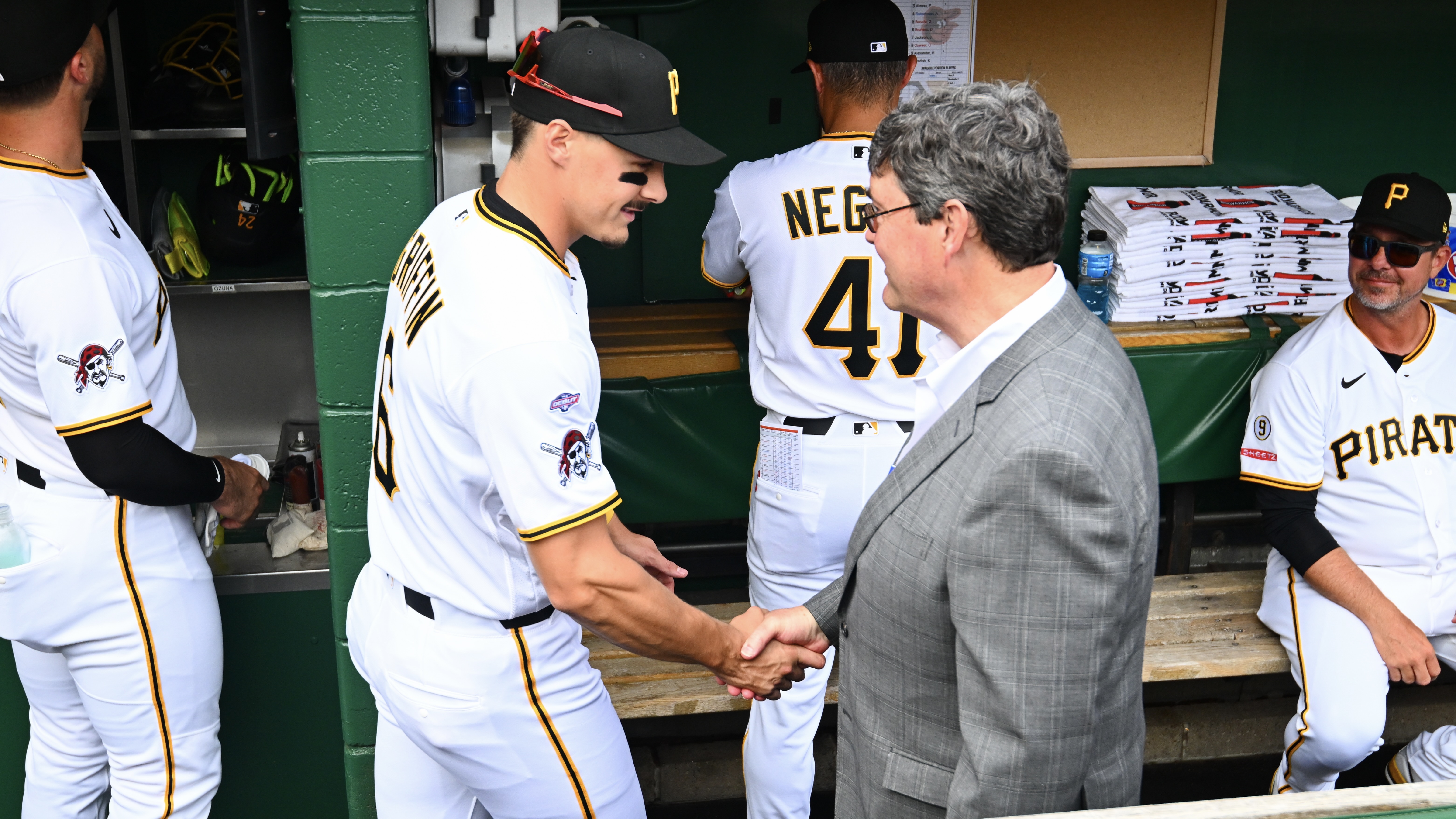 Bob Nutting shakes hands with Konnor Griffin prior to the Pirates' home opener against the Orioles Friday at PNC Park.