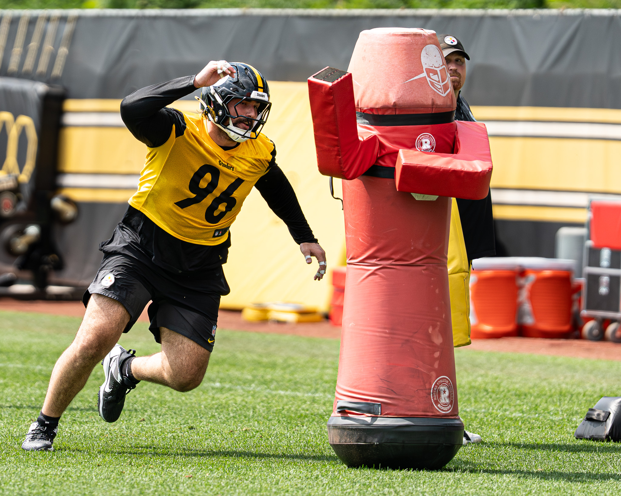 Gabriel Rubio works on pass rushing moves Thursday on the South Side. 