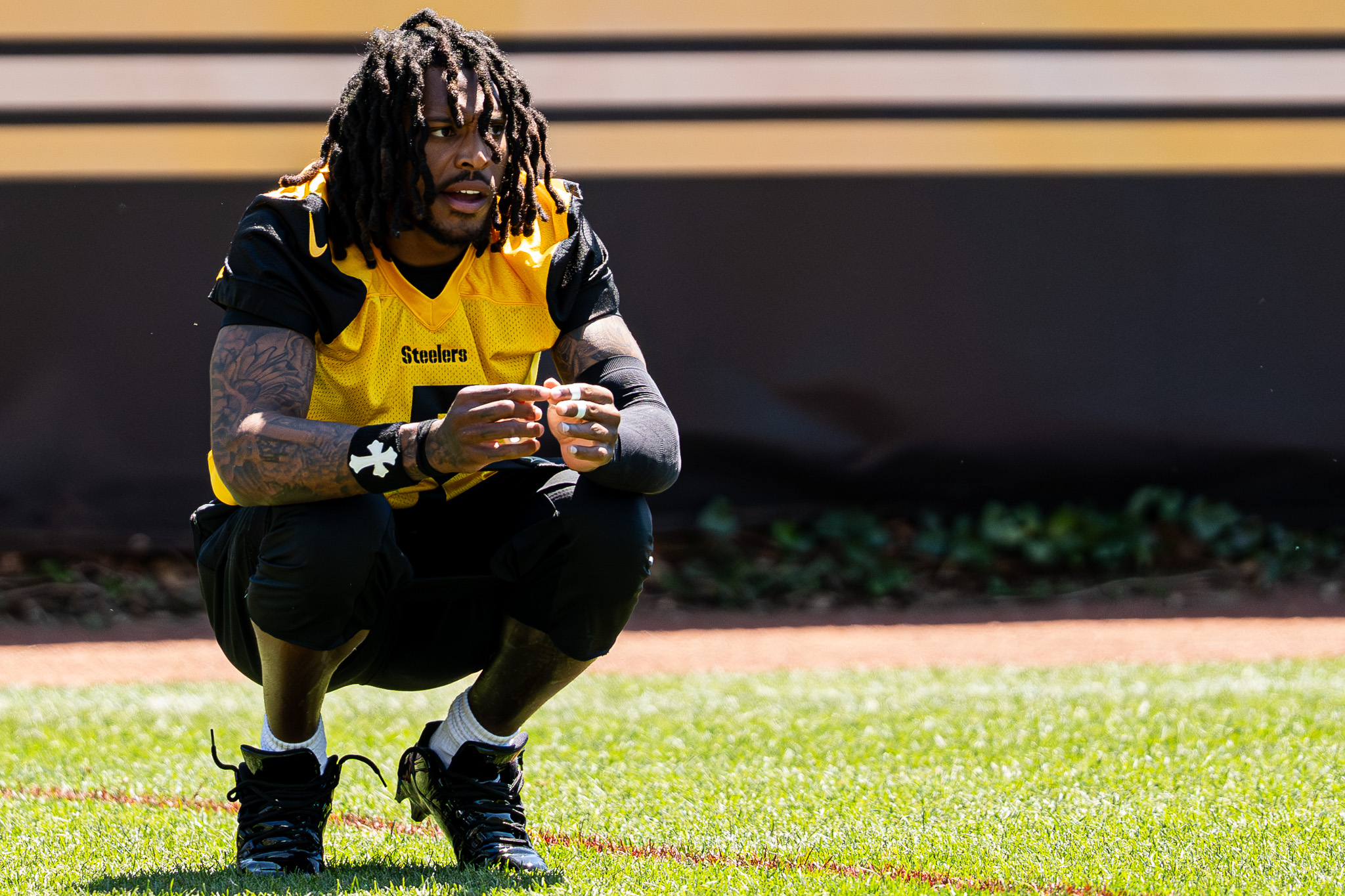 Jalen Ramsey watches as the team begins their stretching period Wednesday morning.