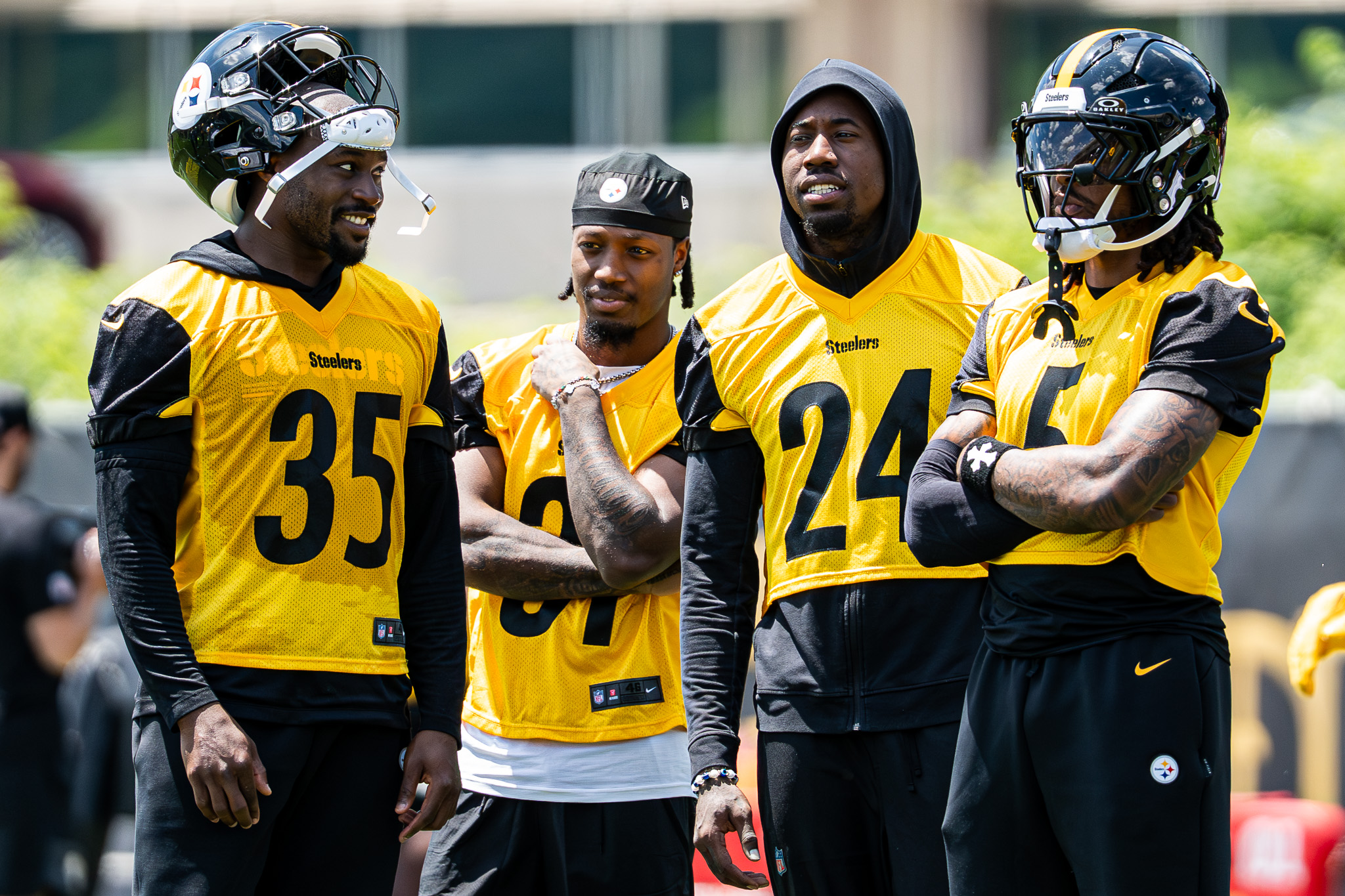Joey Porter Jr. stands with Jamel Dean, Darnell Savage and Jalen Ramsey during an individual period of practice at the UPMC Rooney Sports Complex.