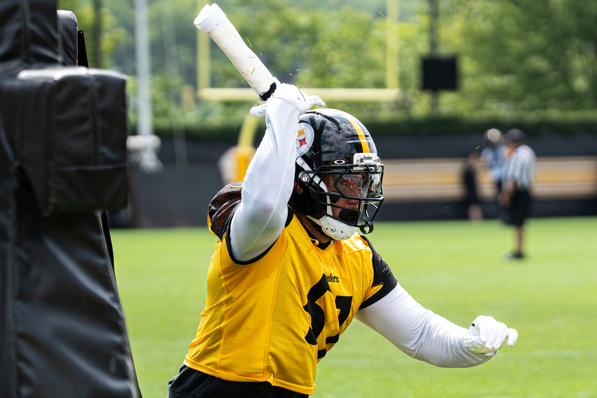 Nick Herbig works through a pass rushing drill on the South Side. 