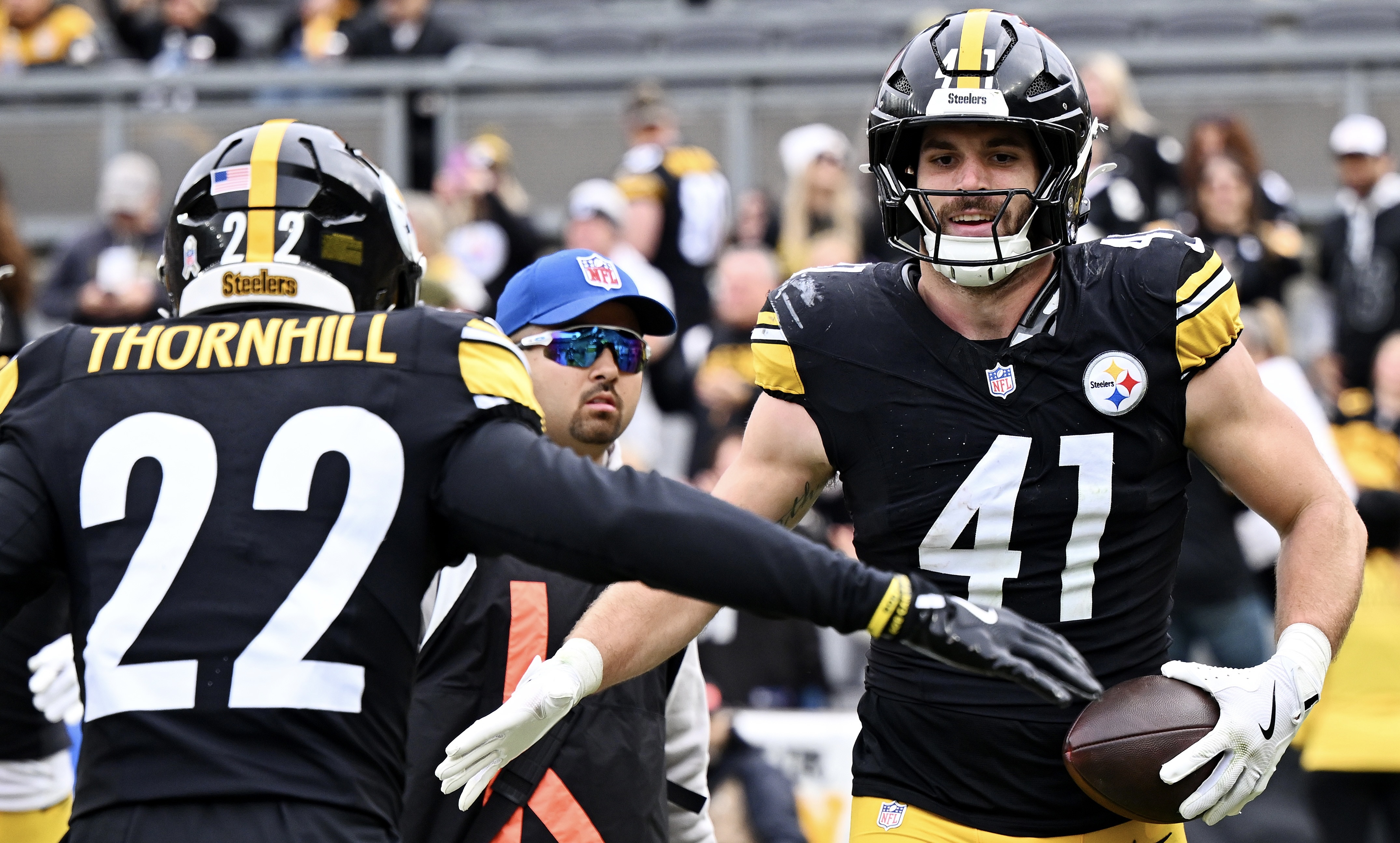 Payton Wilson celebrates after his interception in the Steelers' 27-20 win over the Colts at Acrisure Stadium.