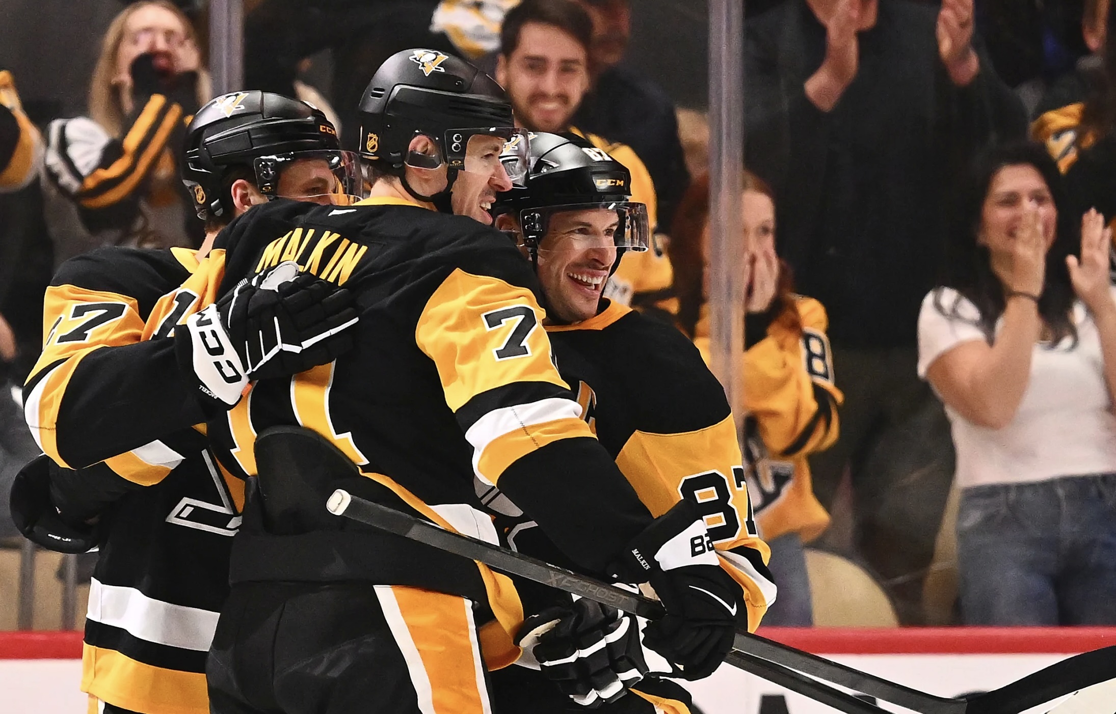 Evgeni Malkin celebrates a goal Saturday night at PPG Paints Arena
