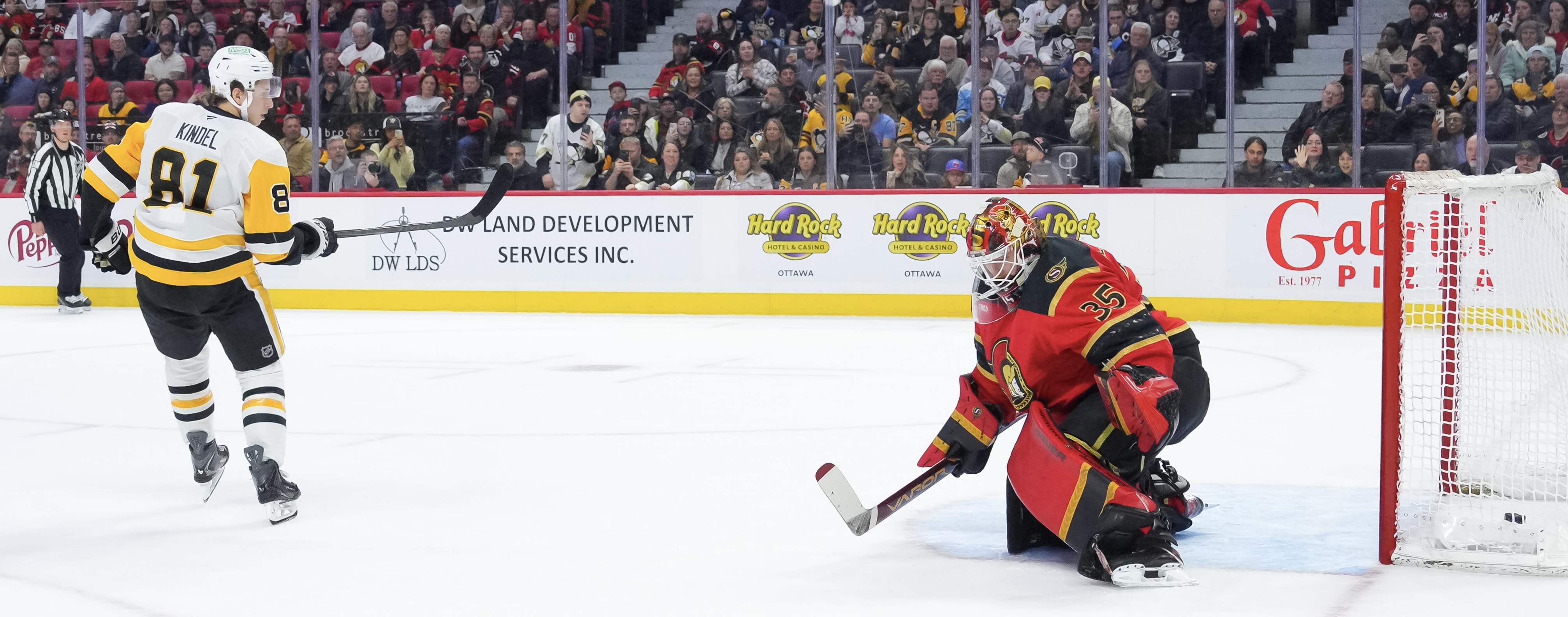 Ben Kindel beats the Senators' Linus Ullmark to end the shootout Thursday night in Ottawa.