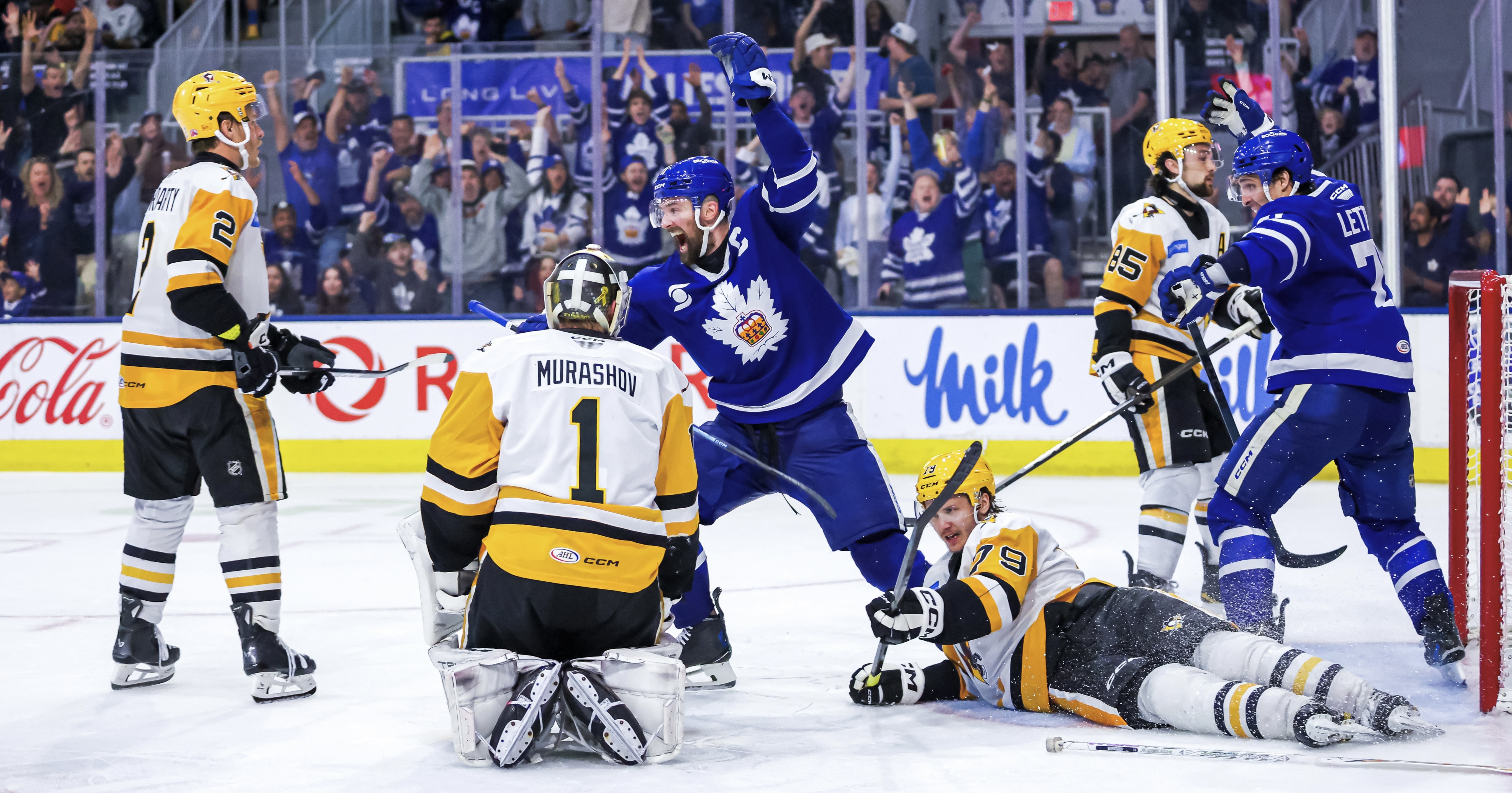 The Marlies celebrate a goal in Game 5 of the Eastern Conference final in Toronto on Friday.