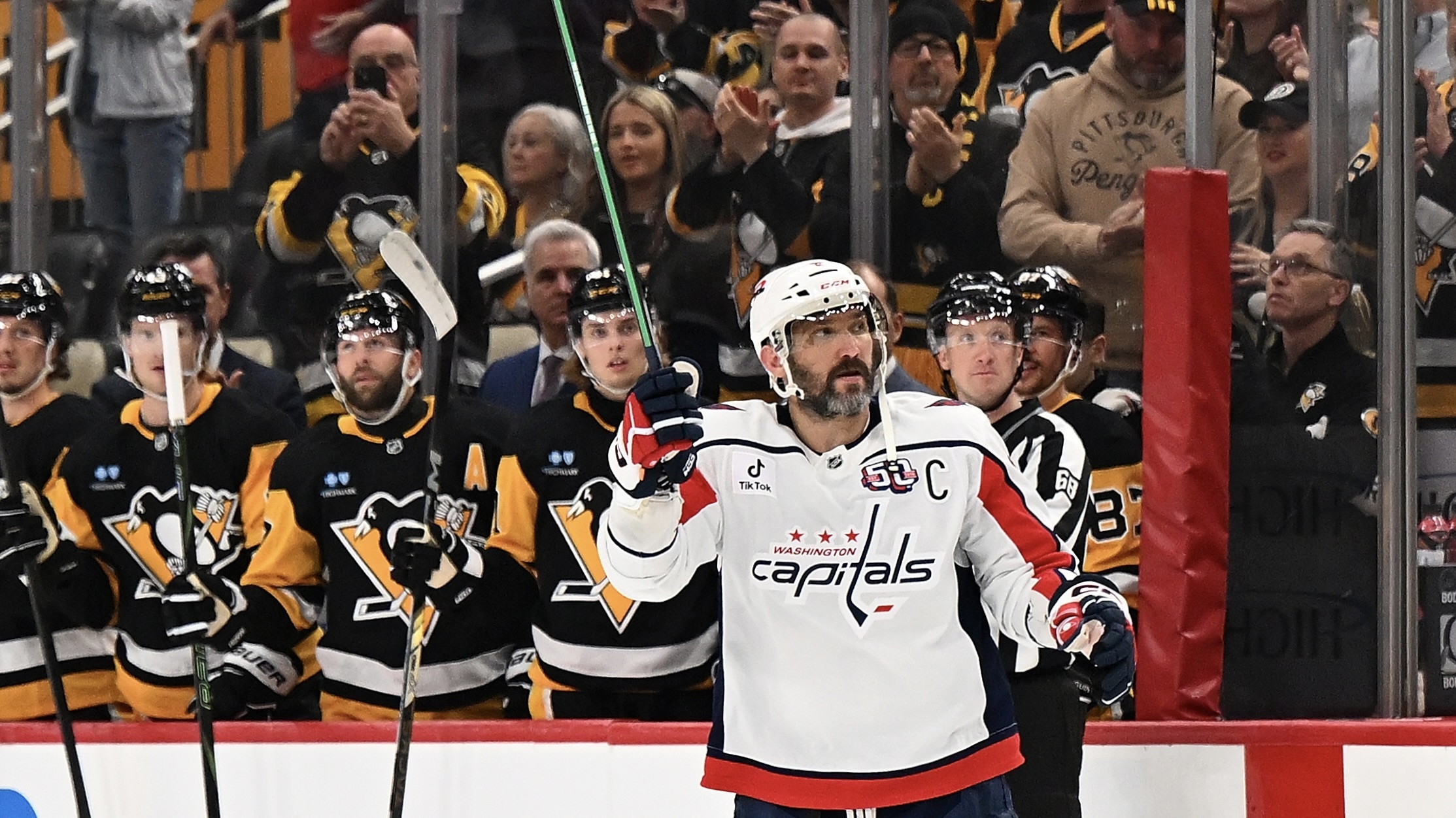 Alex Ovechkin salutes PPG Paints Arena in the first period on Thursday.