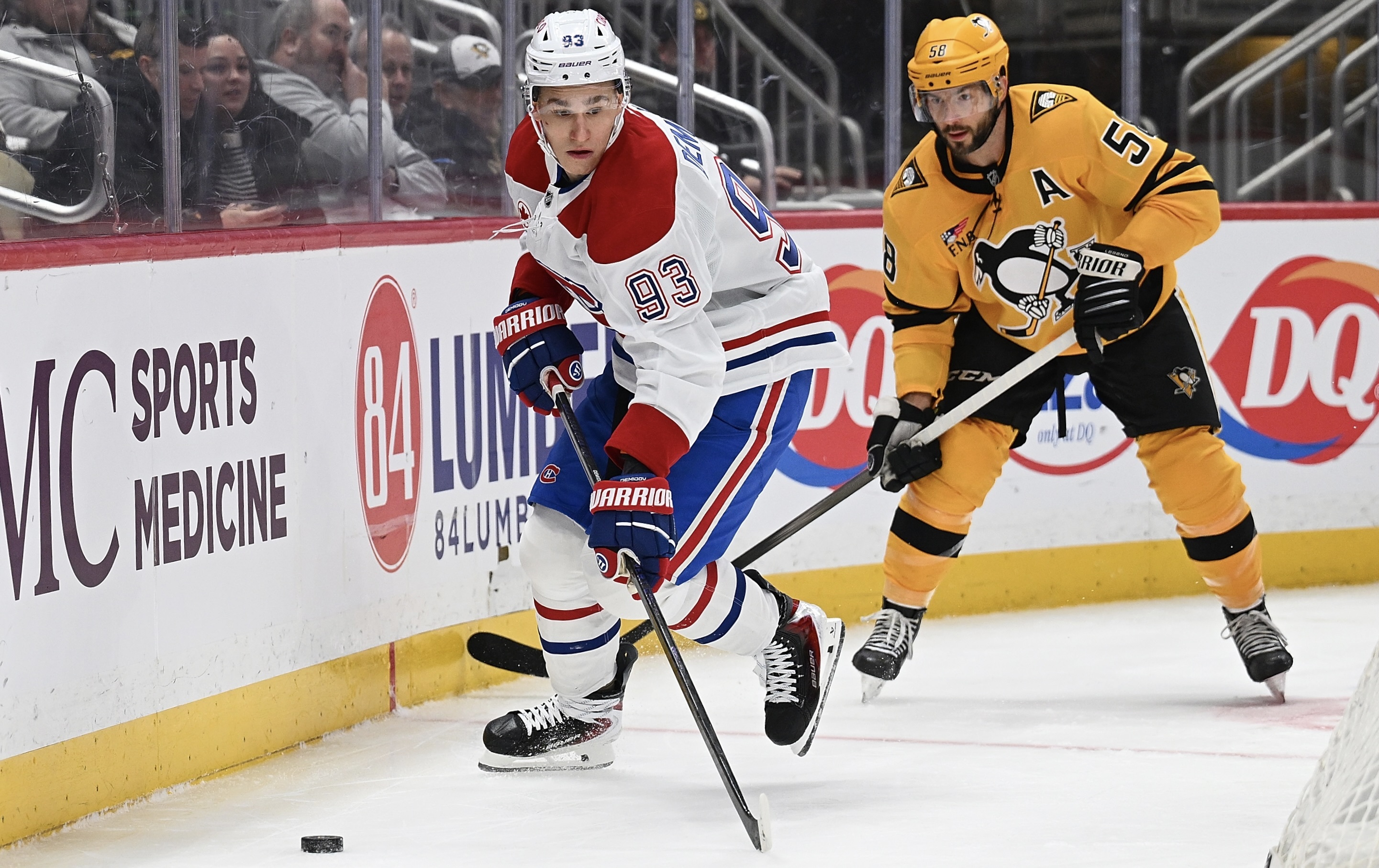 Ivan Demidov and Kris Letang on Friday at PPG Paints Arena