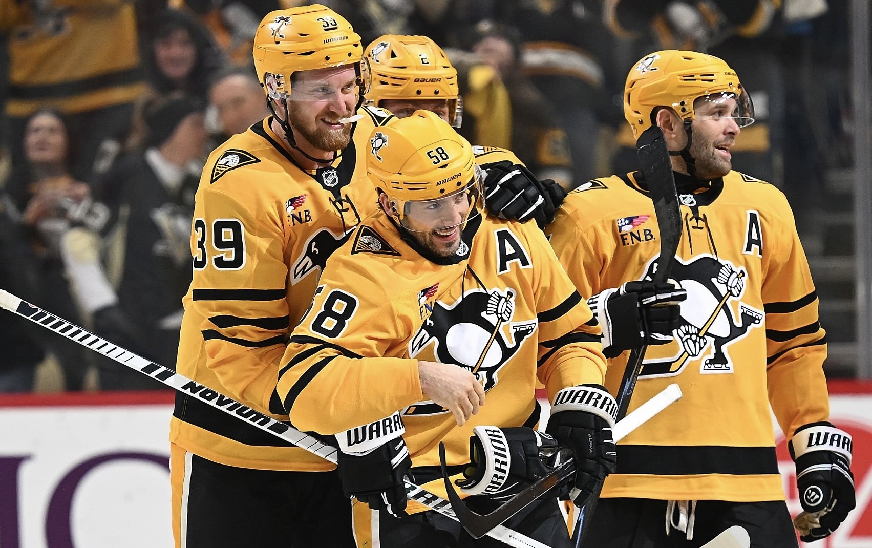 Kris Letang's congratulated on his overtime goal Thursday at PPG Paints Arena.