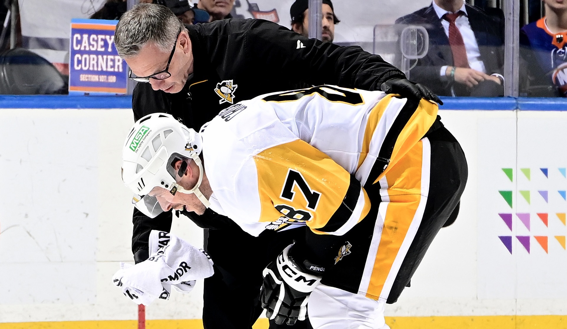 Sidney Crosby after being butt-ended by Jean-Gabriel Pageau on Tuesday.