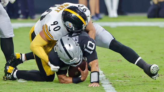 T.J. Watt sacks the Raiders' Jimmy Garoppolo in the second quarter Sunday night in Las Vegas. T.J. Watt sacks the Raiders' Jimmy Garoppolo in the second quarter Sunday night in Las Vegas.