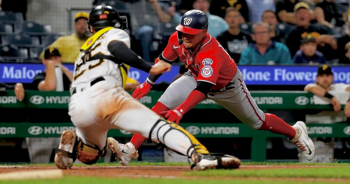 The Nationals' Ildemaro Vargas is tagged out by Endy Rodriguez in the seventh inning Tuesday night at PNC Park. The Nationals' Ildemaro Vargas is tagged out by Endy Rodriguez in the seventh inning Tuesday night at PNC Park.