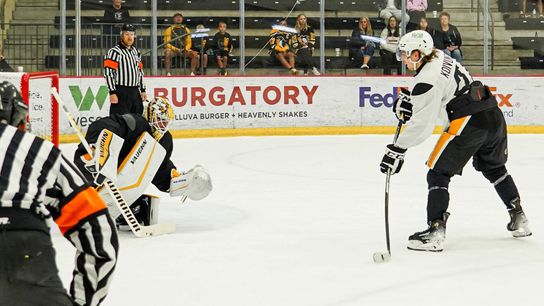 Ville Koivunen takes a shot on Alex Nedeljkovic in a shootout in training camp in Cranberry, Pa. on Wednesday Ville Koivunen takes a shot on Alex Nedeljkovic in a shootout in training camp in Cranberry, Pa. on Wednesday