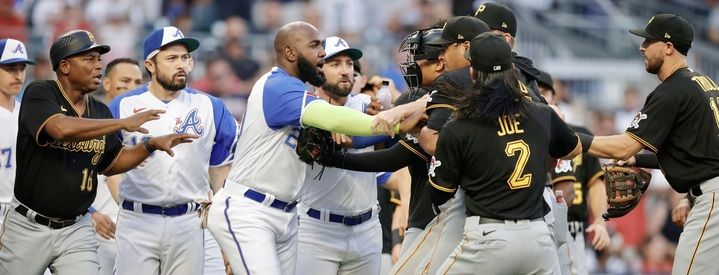 Marcell Ozuna of the Braves and Johan Oviedo jaw during a first inning benches clearing incident Saturday at Truist Park. Marcell Ozuna of the Braves and Johan Oviedo jaw during a first inning benches clearing incident Saturday at Truist Park.