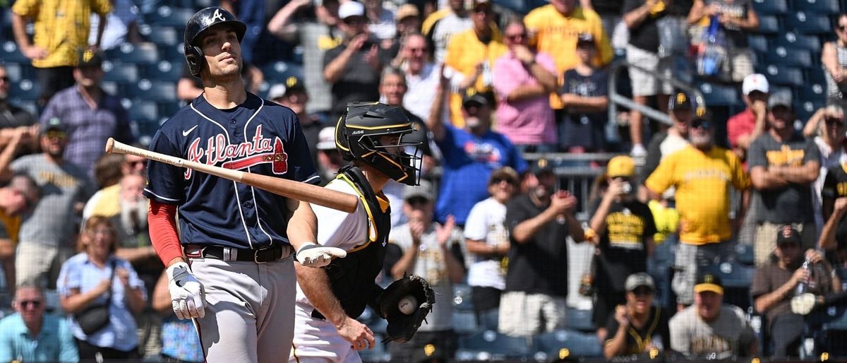 Matt Olson tosses his bat after being called out on strikes for the final out of the game Thursday at PNC Park. Matt Olson tosses his bat after being called out on strikes for the final out of the game Thursday at PNC Park.
