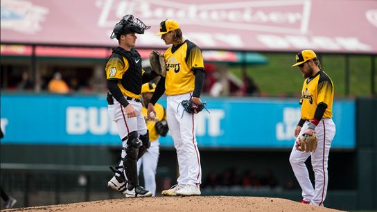 Henry Davis makes a mound visit. Henry Davis makes a mound visit.