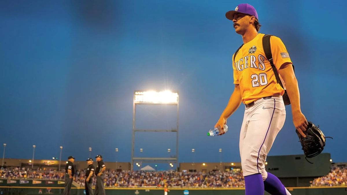Paul Skenes walks onto the field in the College World Series. Paul Skenes walks onto the field in the College World Series.
