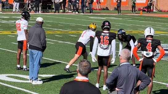 MIke Tomlin, left, watches as Michigan receiver Roman Wilson lines up against Toledo cornerback Quinyon Mitchell during practice at the Senior Bowl Jan. 31 in Mobile, Ala. MIke Tomlin, left, watches as Michigan receiver Roman Wilson lines up against Toledo cornerback Quinyon Mitchell during practice at the Senior Bowl Jan. 31 in Mobile, Ala.