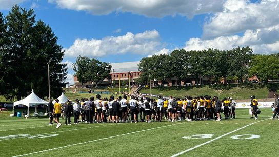 The Steelers huddle at the end of practice on Thursday at Saint Vincent College in Latrobe, Pa. The Steelers huddle at the end of practice on Thursday at Saint Vincent College in Latrobe, Pa.