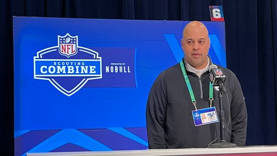 Steelers general manager Omar Khan speaks at the podium at the Indiana Convention Center at the NFL Combine Thursday in Indianapolis.
