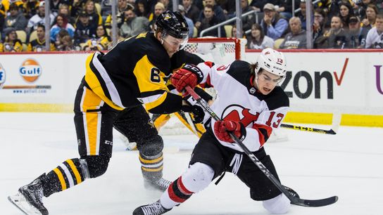 Sullivan fiercely defends Hunwick, third defense pairing taken at PPG Paints Arena (Courtesy of Point Park University)