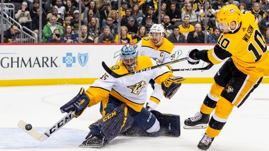 Plenty of pucks put on Rinne, to no avail taken at PPG Paints Arena (Courtesy of Point Park University)