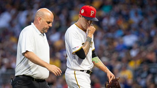Brault exits vs. Brewers with left shoulder injury taken at PNC Park (zPiratesCoverage)