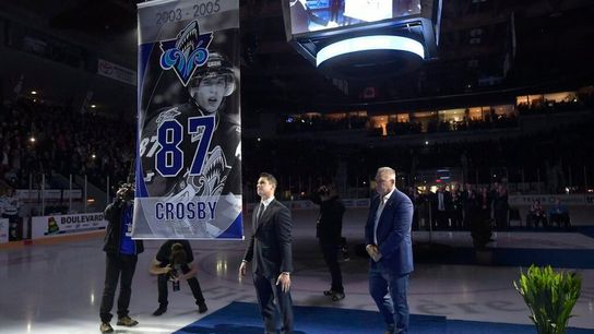 Crosby gets emotional at jersey retirement ceremony taken at Highmark Stadium (Courtesy of Point Park University)